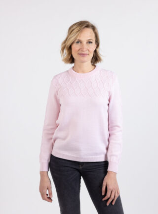MAISON SOLFIN - Pull femme esprit irlandais  laine fine mérinos rose pastel