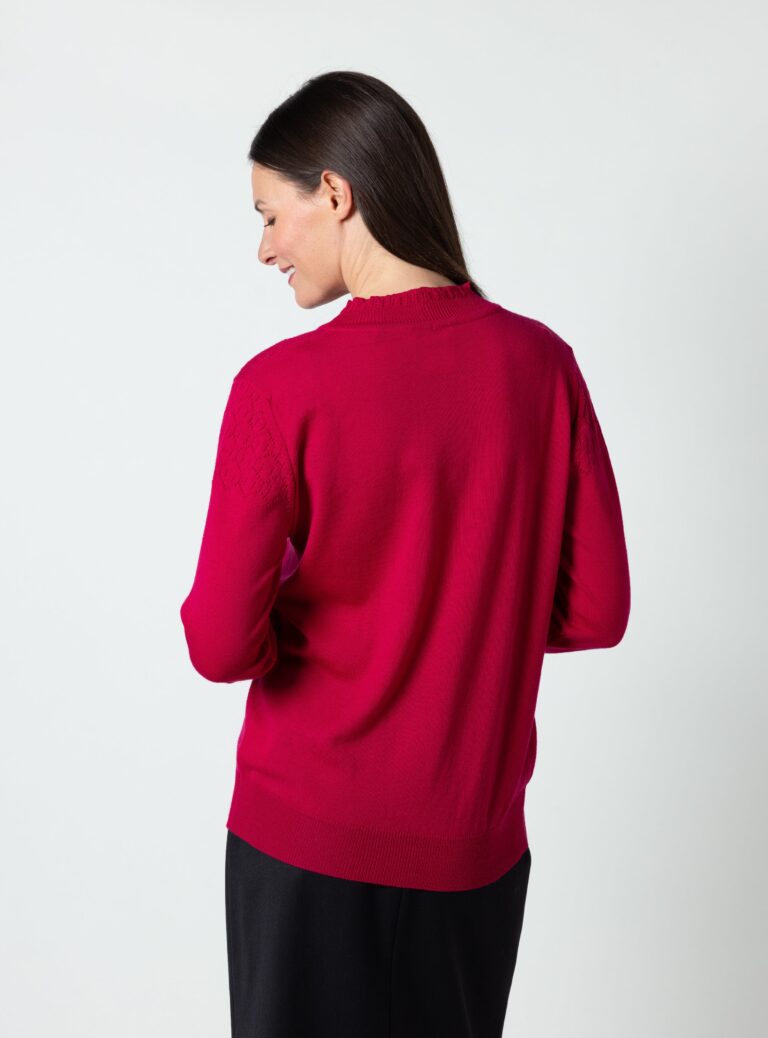 Maison Solfin - Pull femme col rond fantaisie en laine fine mérinos rose rubis – 50