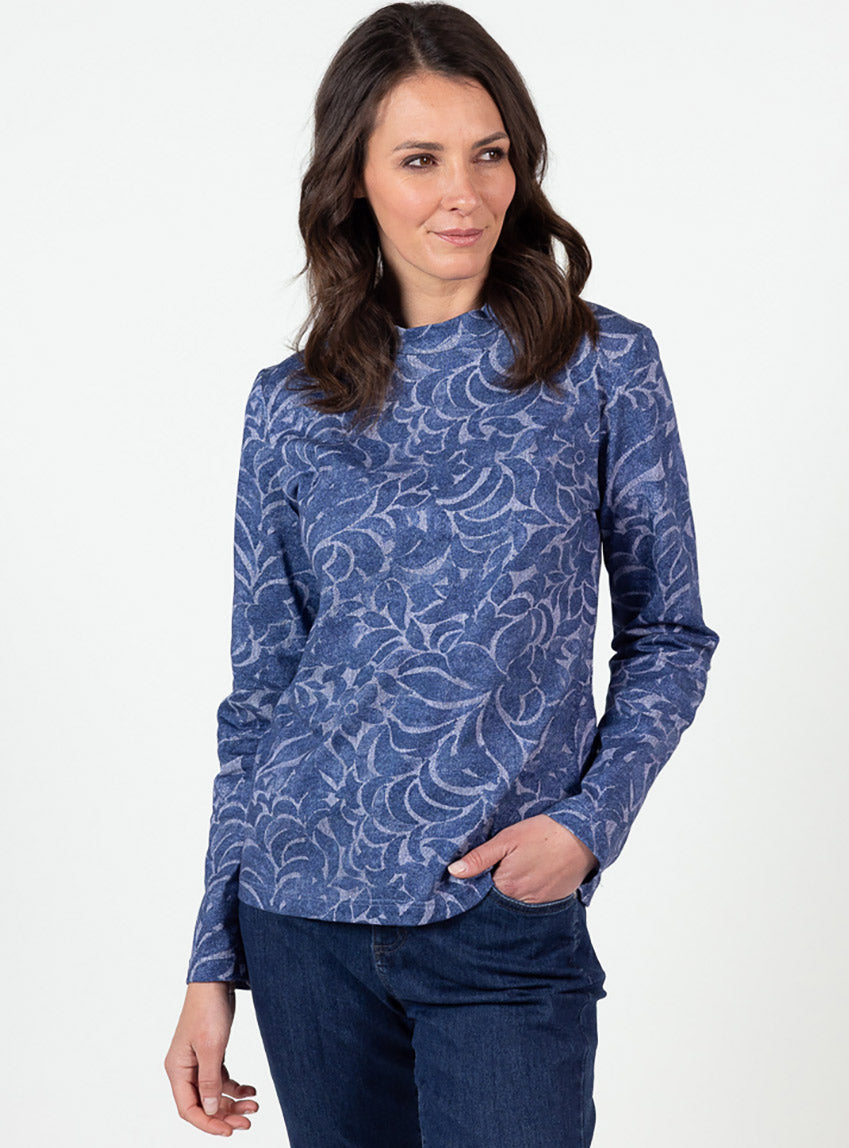 7783 tee shirt femme coton bleu 3 Maison Solfin - Tee-shirt femme coton maille jersey col montant – 5