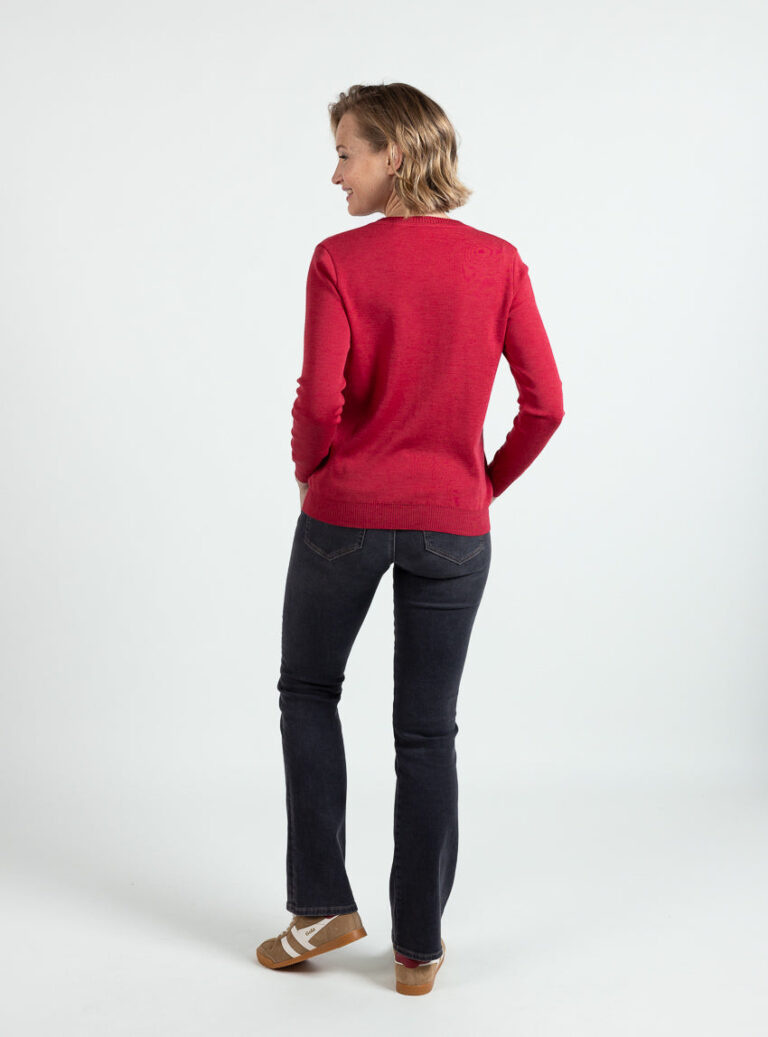 Maison Solfin - Pull femme col V en laine mérinos rouge cerise – 50