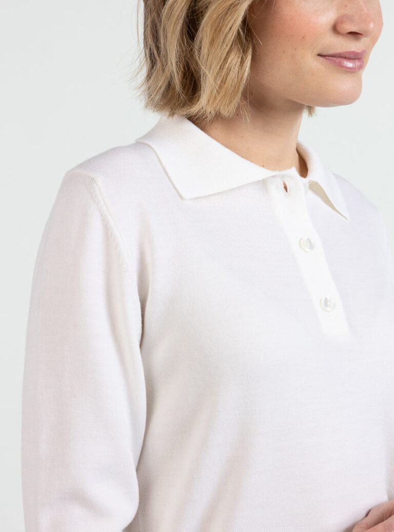 Maison Solfin - Pull femme col polo laine mérinos blanc naturel – 50