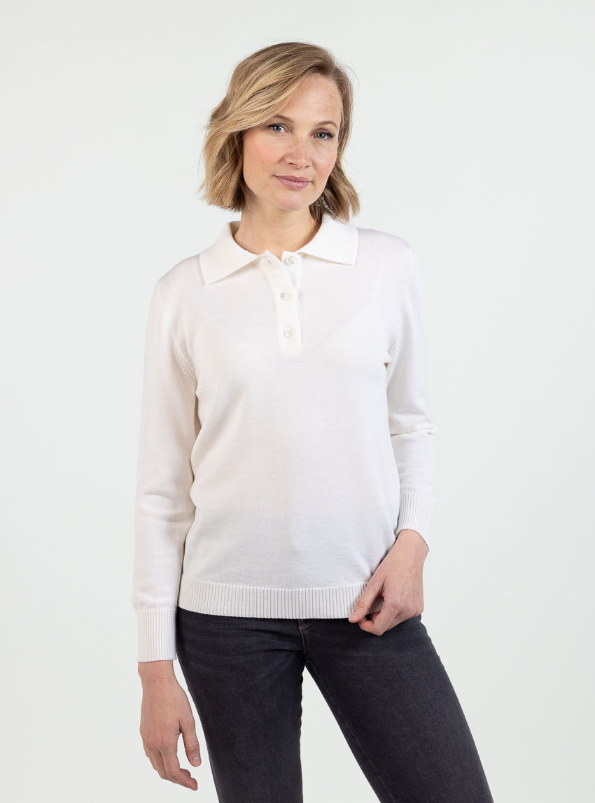 7836 blanc 5 Maison Solfin - Pull femme col polo laine mérinos blanc naturel – 50