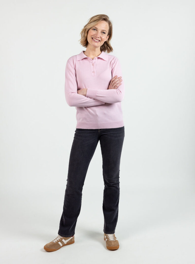 Maison Solfin - Pull femme col polo laine mérinos rose léger – 50