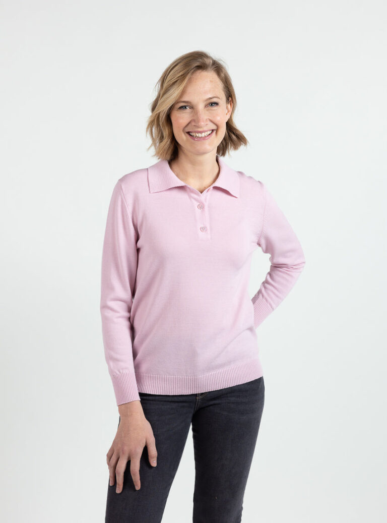 7836 rose leger 6 Maison Solfin - Pull femme col polo laine mérinos rose léger – 50