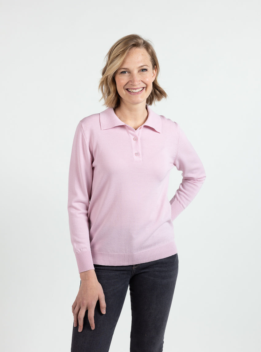 7836 rose leger 6 Maison Solfin - Pull femme col polo laine mérinos rose léger – 50