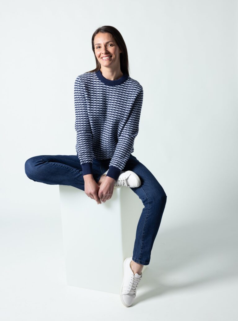 Maison Solfin - Pull femme en laine fine mérinos Jacquard bleu – 50