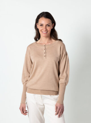 MAISON SOLFIN - Pull femme en laine fine mérinos col tunisien beige chaud