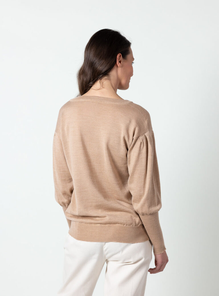 Maison Solfin - Pull femme en laine fine mérinos col tunisien beige chaud – 50