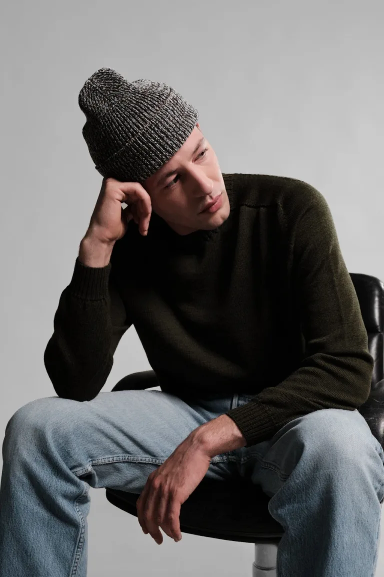 ARA BONNET CHINE TAUPE VERT DEAU 1 Nitto Knitwear - Bonnet Ara Chiné - Taupe / Vert d'eau – Taille unique