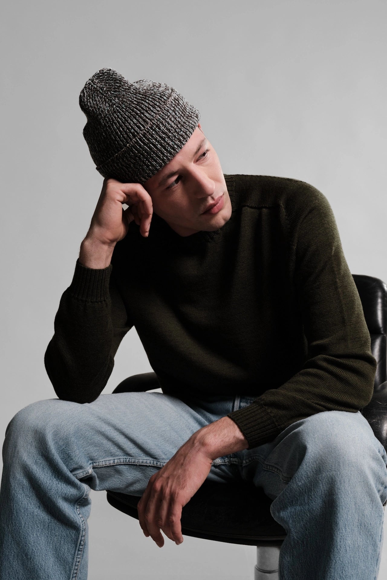 ARA BONNET CHINE TAUPE VERT DEAU 1 Nitto Knitwear - Bonnet Ara Chiné - Taupe / Vert d'eau – Taille unique