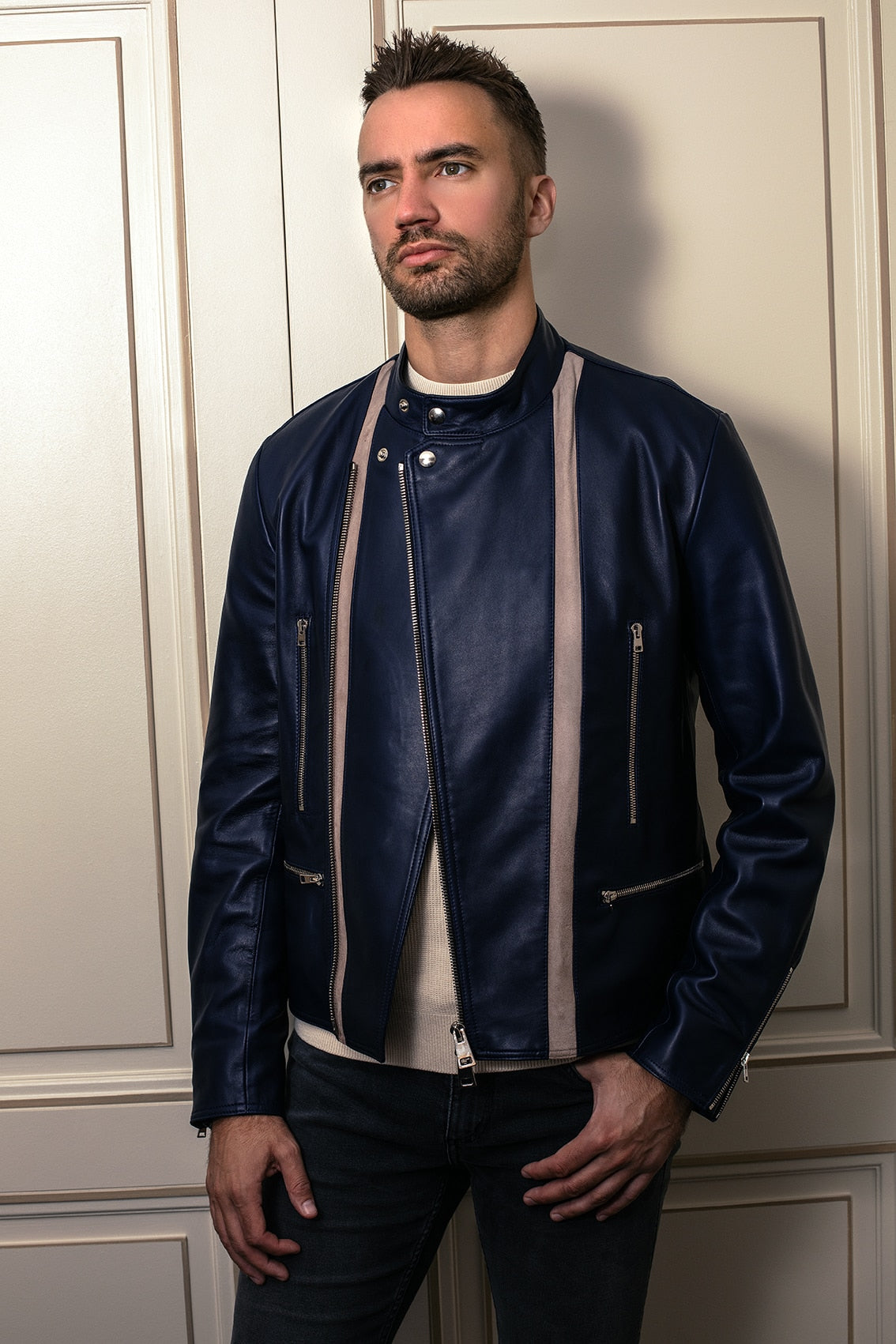 Blouson rider cuir agneau plonge bleu marine 01 Atelier Bertrand - Blouson Rider – 46 / Cerf - Noir