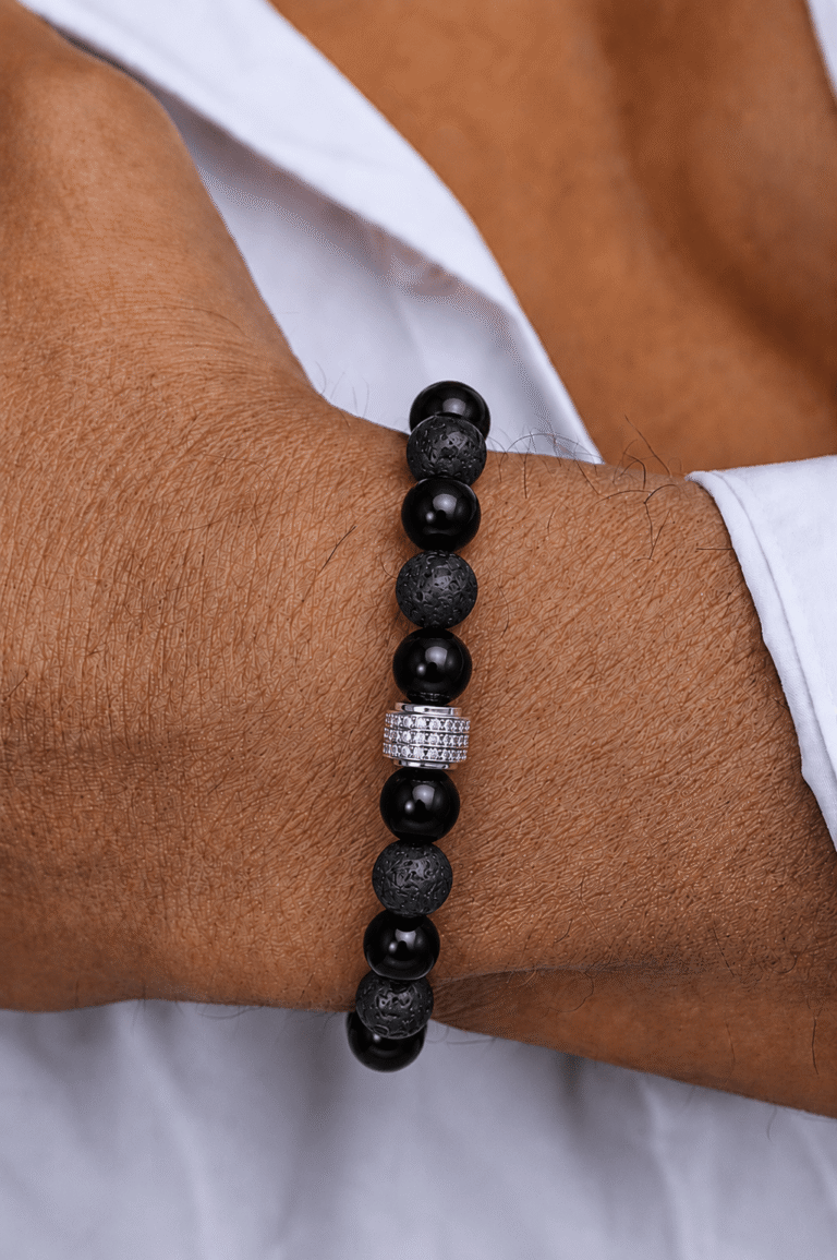 NEIJE - Bracelet Pierre de Lave et Onyx - Or Blanc – 21 cm