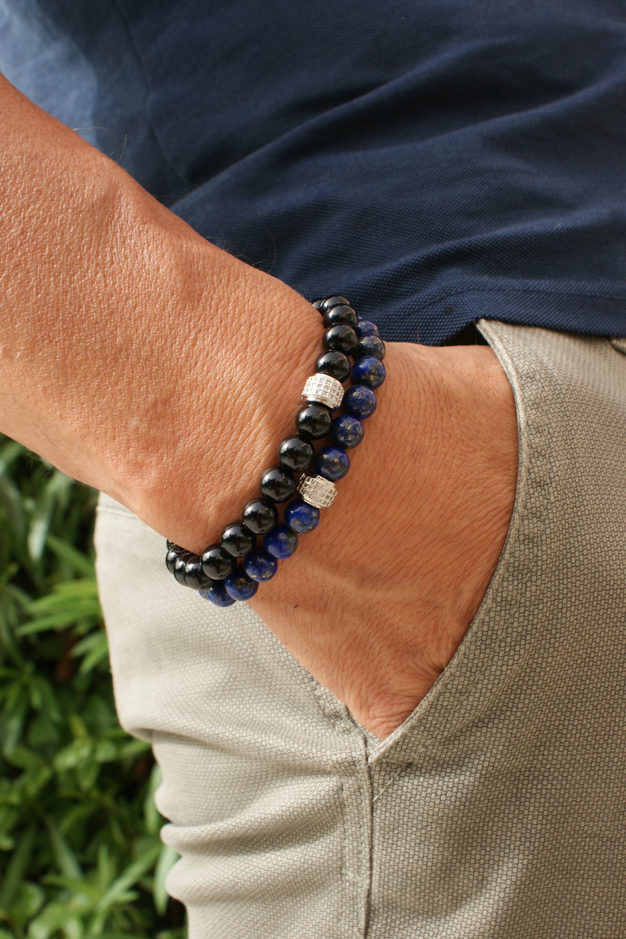 NEIJE - Coffret Duo de Bracelets Onyx & Lapis Lazuli - Or Blanc – XL (poignet de 19 à 21 cm)