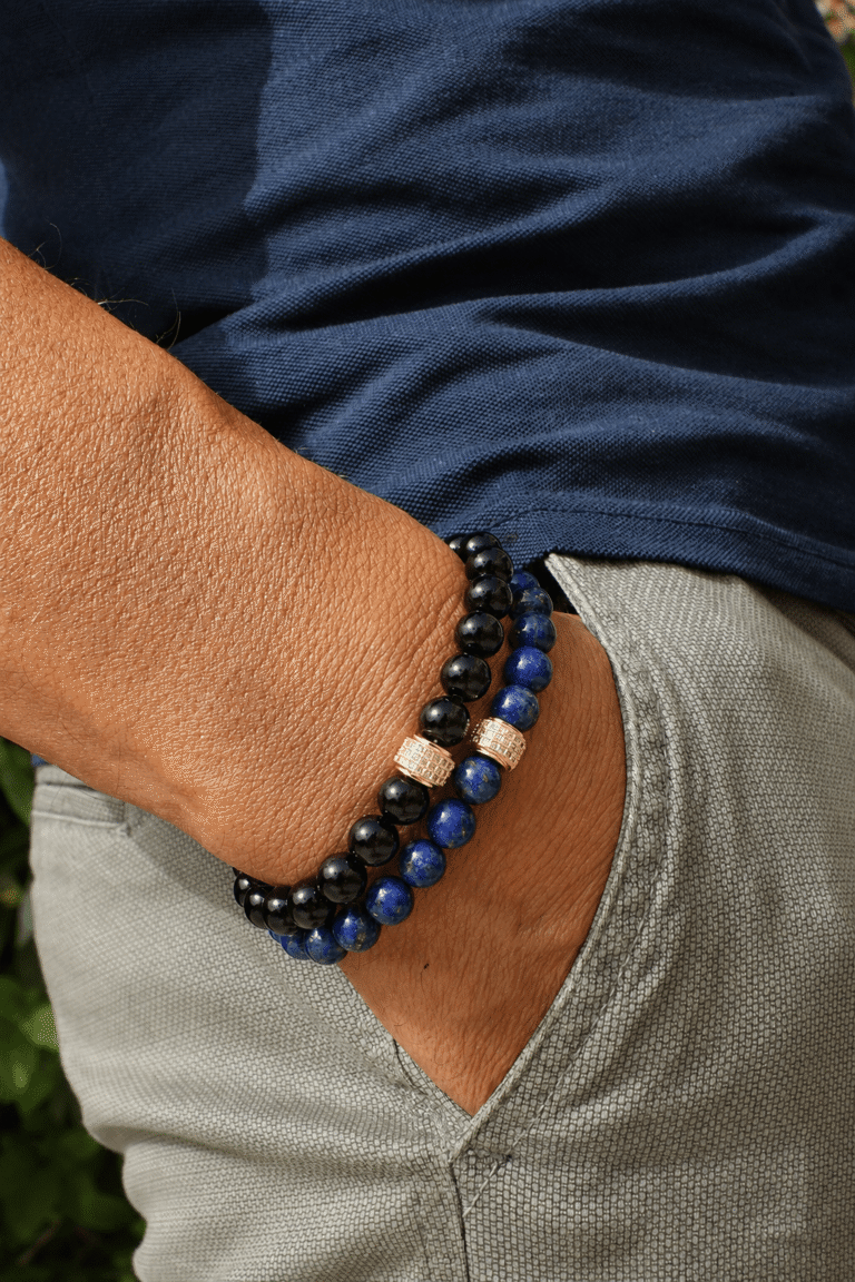 NEIJE - Coffret Duo de Bracelets Onyx & Lapis Lazuli - Or Jaune – XL (poignet de 19 à 21 cm)