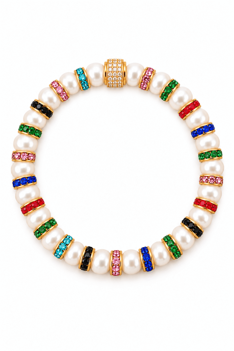 Bracelet Perles de Culture d eau douce a4f17fe8 1074 4b76 92cd b03c50421cba NEIJE - Parure Collier & Bracelet Perles de Culture Blanches avec Diamants Multicolores - Madame Bovary – 50 cm + extension de 5 cm / 19 cm