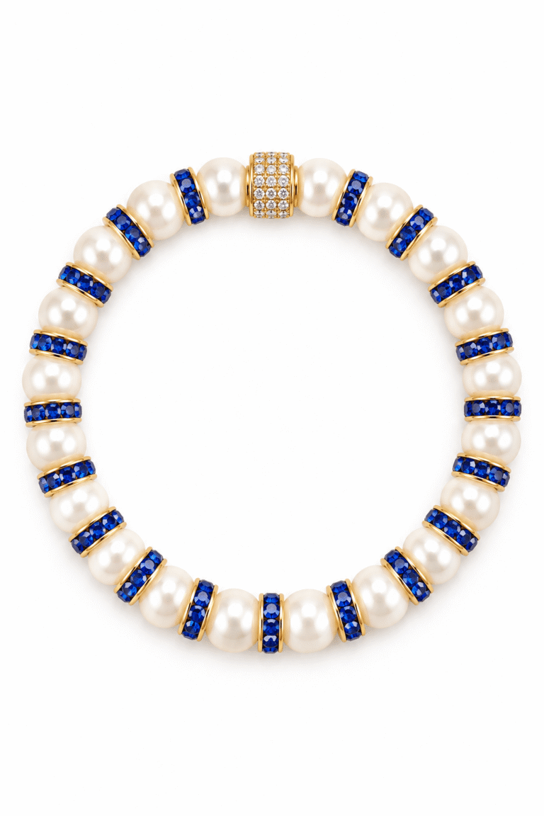 Bracelet Perles de Culture et Diamant bleu NEIJE - Parure Collier & Bracelet Perles de Culture Blanches avec Diamants Bleus - Madame Bovary – 50 cm + extension de 5 cm / 19 cm