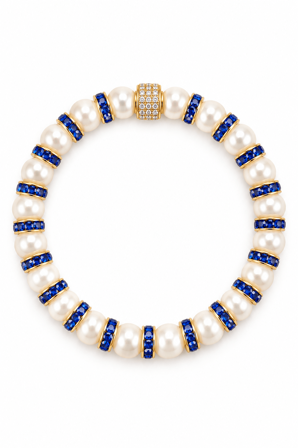 Bracelet Perles de Culture et Diamant bleu NEIJE - Parure Collier & Bracelet Perles de Culture Blanches avec Diamants Bleus - Madame Bovary – 50 cm + extension de 5 cm / 19 cm