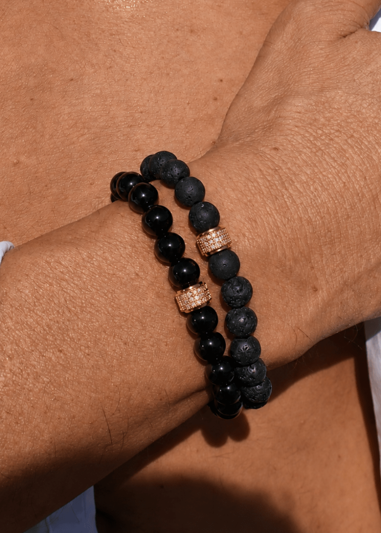 Bracelet Pierre de Lave Onyx Homme NEIJE - Coffret Duo de Bracelets Onyx & Pierre de Lave - Or Jaune – 21 cm