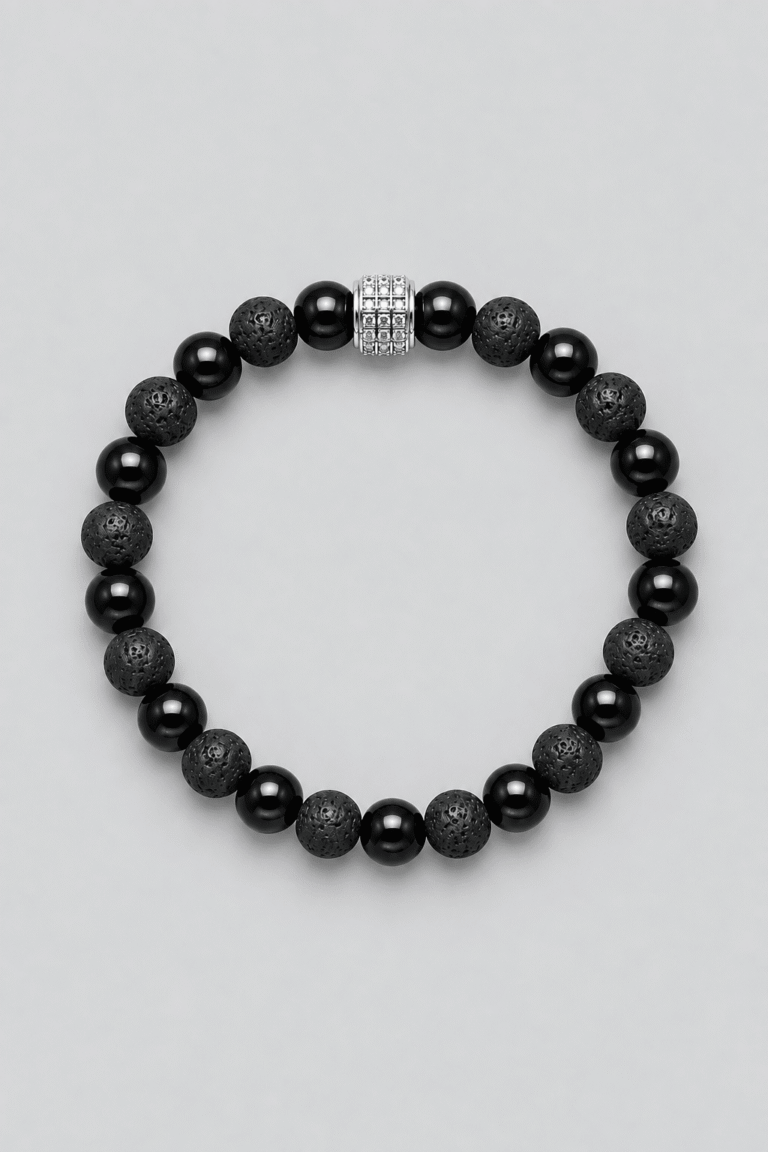 Bracelet Pierre de Lave et Onyx NEIJE - Bracelet Pierre de Lave et Onyx - Or Blanc – 21 cm