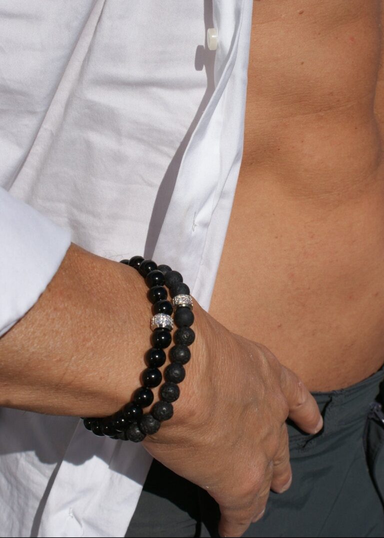 NEIJE - Coffret Duo de Bracelets Onyx & Pierre de Lave - Or Blanc – XL (poignet de 19 à 21 cm)