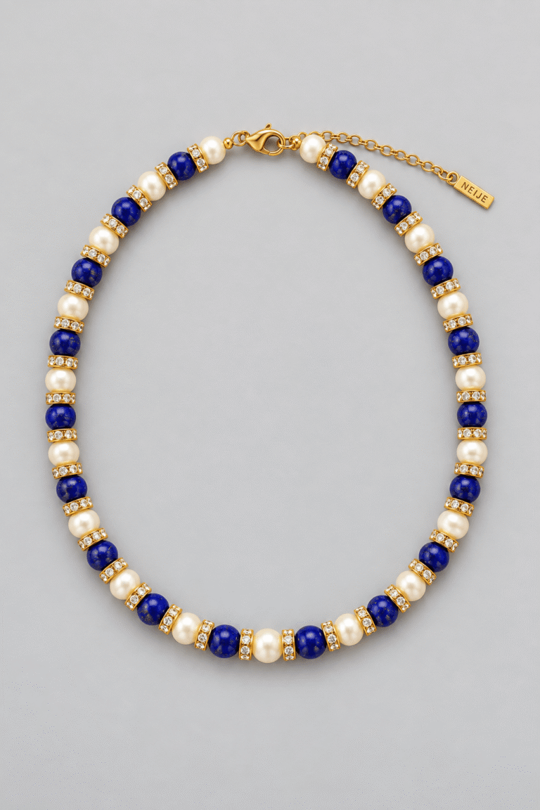 NEIJE - Parure Collier & Bracelet Lapis Lazuli et Perles de Culture - Nice 1960 – 50 cm + extension de 5 cm / 19 cm