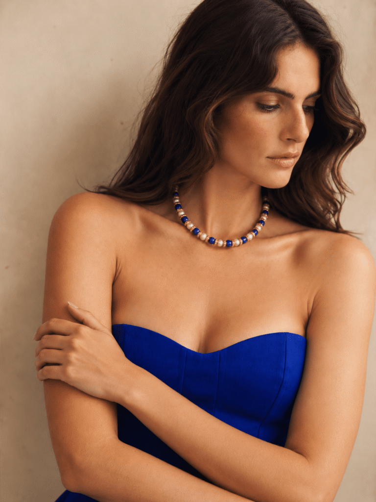 NEIJE - Parure Collier & Bracelet Lapis Lazuli et Perles de Culture - Nice 1960 – 50 cm + extension de 5 cm / 19 cm