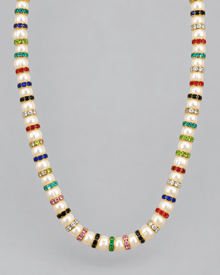 NEIJE - Parure Collier & Bracelet Perles de Culture Blanches avec Diamants Multicolores - Madame Bovary – 50 cm + extension de 5 cm / 19 cm