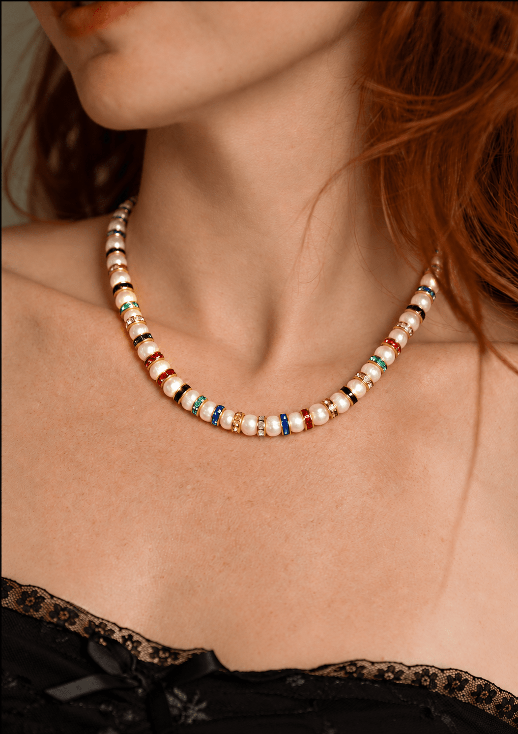 Collier Perles de Culture d eau douce diamant couleur NEIJE - Parure Collier & Bracelet Perles de Culture Blanches avec Diamants Multicolores - Madame Bovary – 50 cm + extension de 5 cm / 19 cm