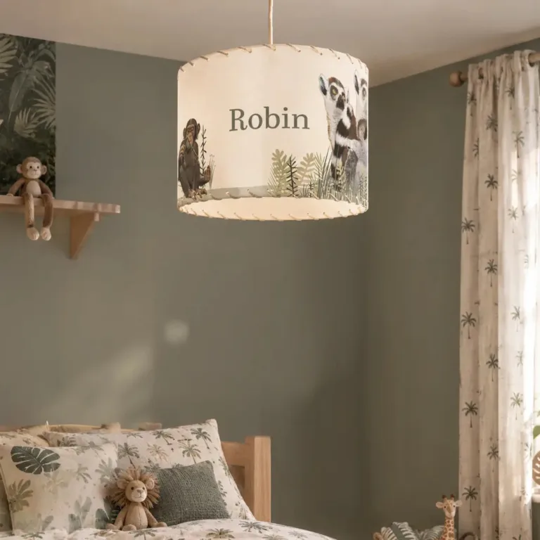 Luminaire jungle dans chambre enfant Atelier Baby’Sphère - Luminaire personnalisable chambre bébé thème jungle