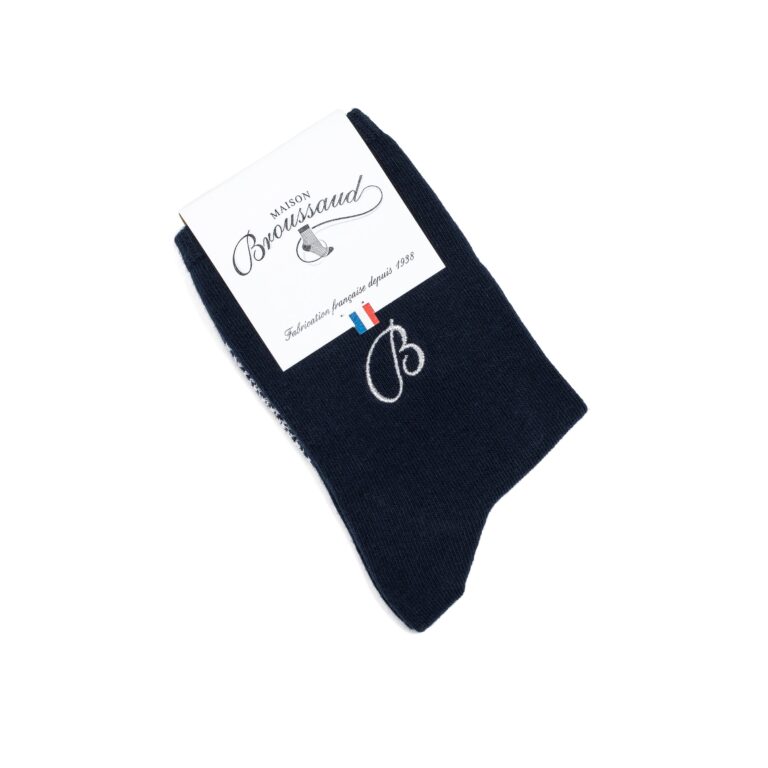 Maison Broussaud - Les unies broderie B - chaussettes femme - coton marine – 39/41 / MARINE