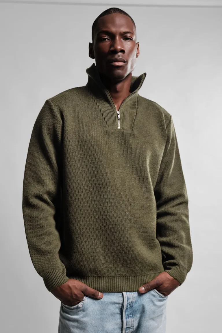 PULL COL CAMIONNEUR KAKI YOURI LAINE MERINOS 2 Nitto Knitwear - Pull Camionneur Youri - Kaki – XL