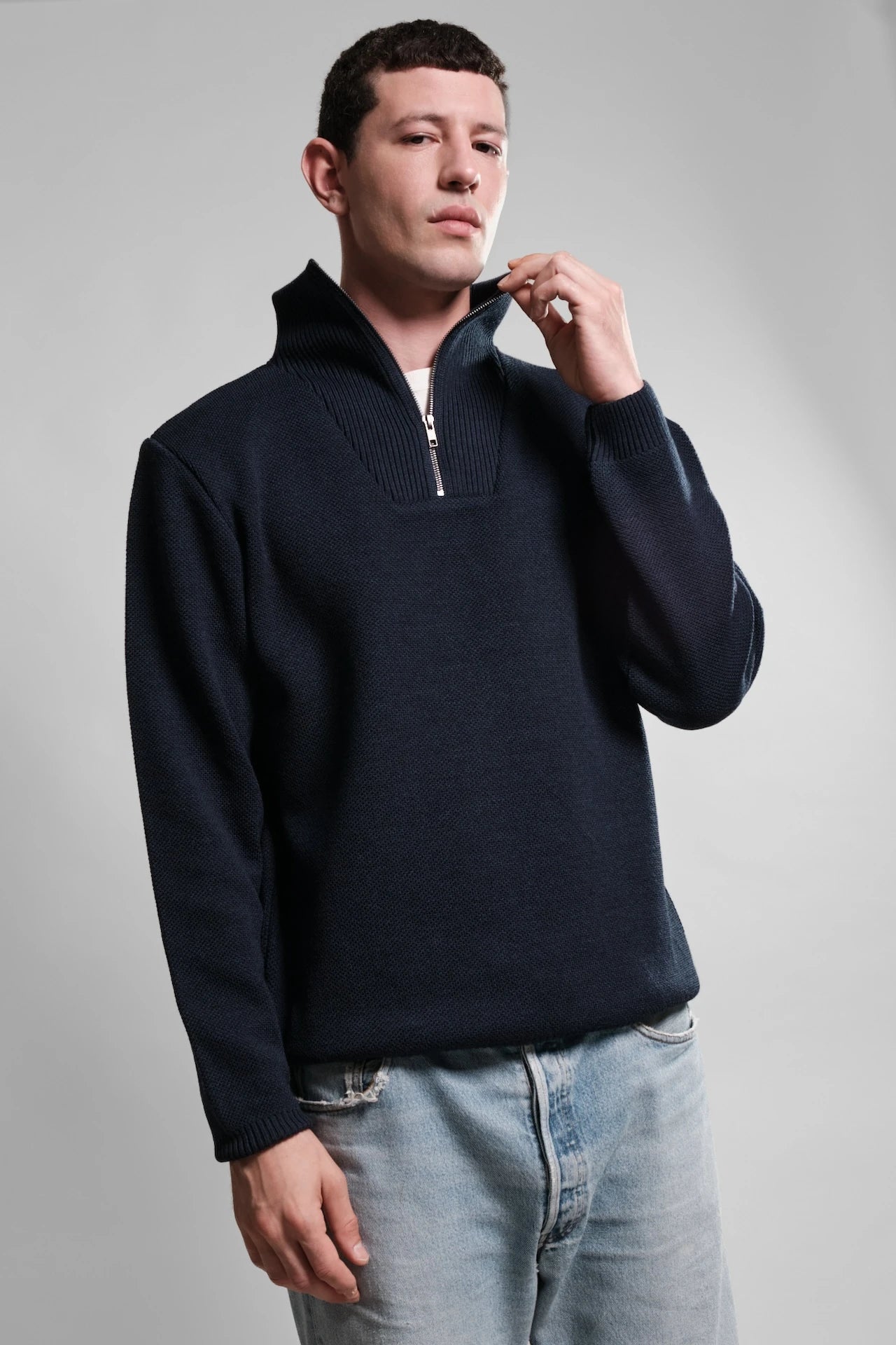 PULL COL CAMIONNEUR MARINE YOURI LAINE MERINOS 5 Nitto Knitwear - Pull Camionneur Youri - Marine – XXL