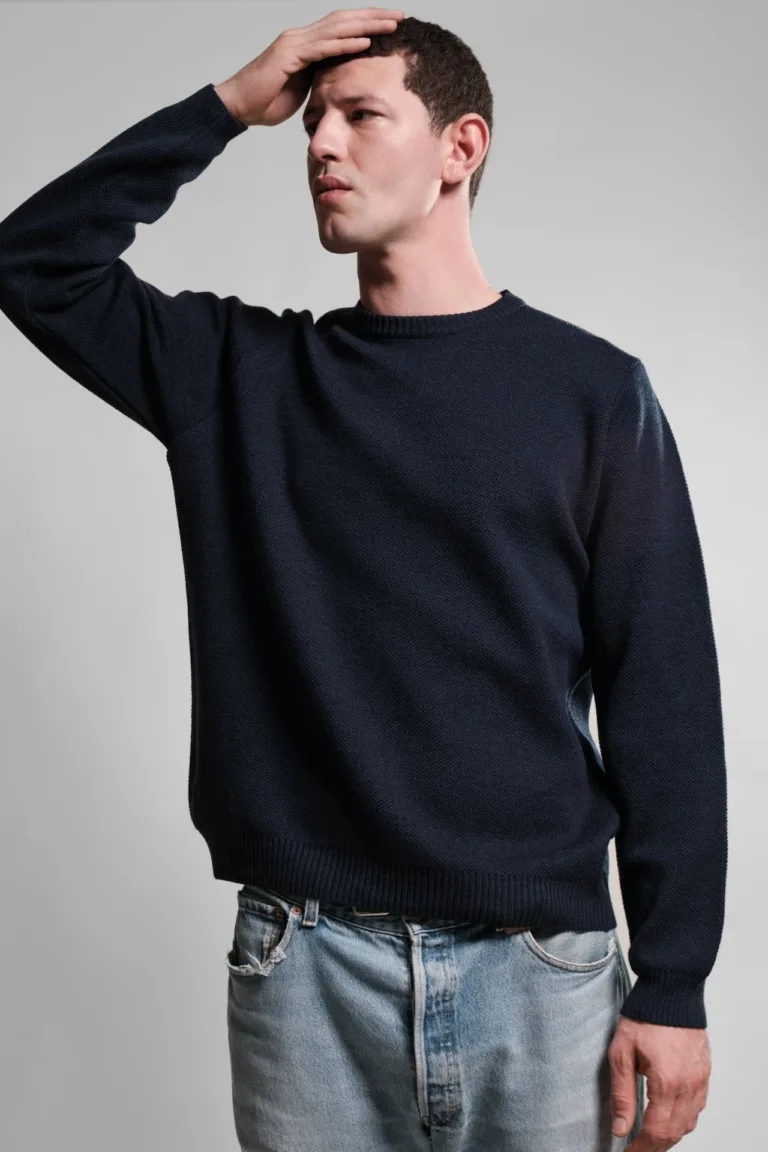 PULL COL ROND MARINE YOURI LAINE MERINOS 2 Nitto Knitwear - Pull Col Rond Youri - Marine – S