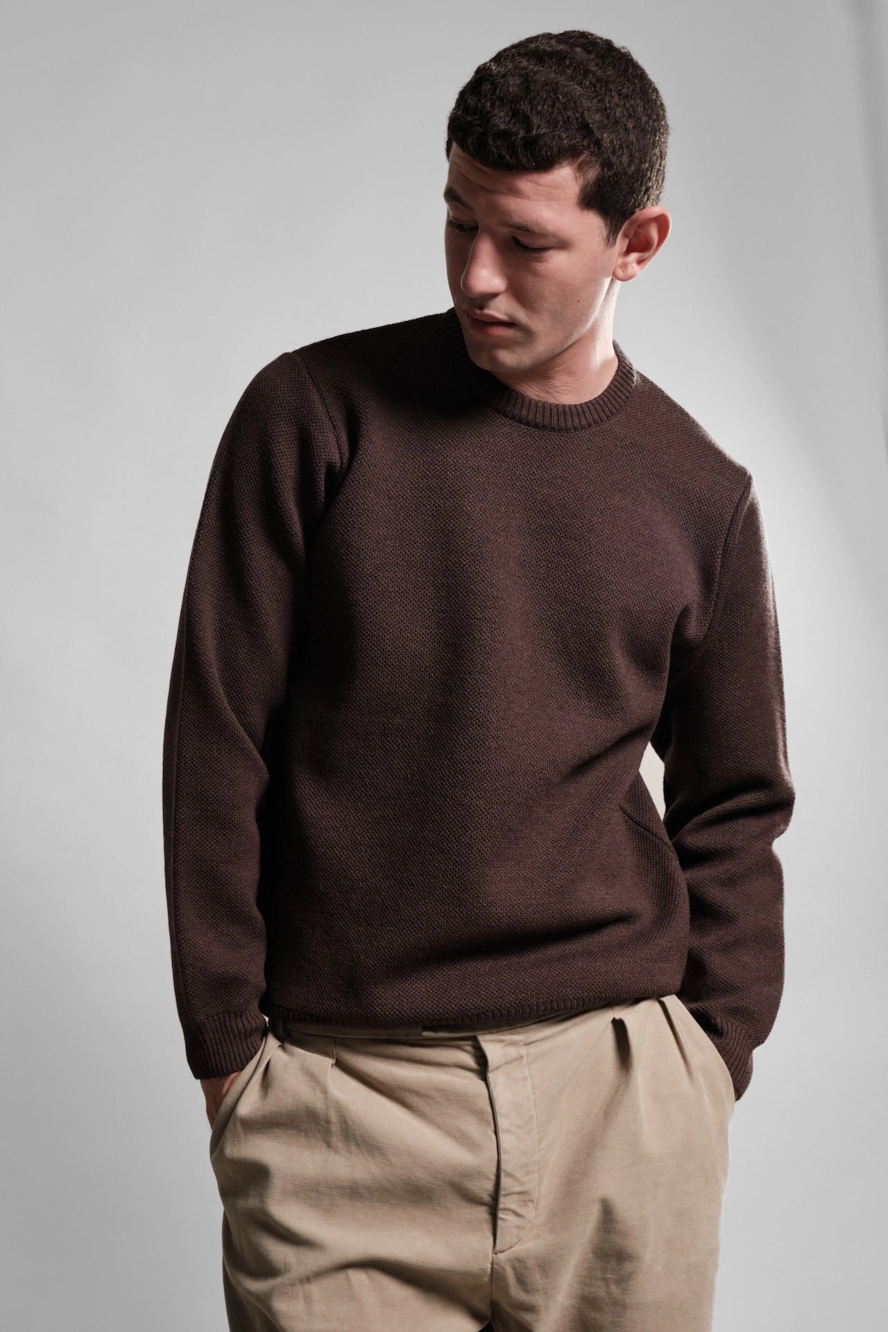 PULL COL ROND MARRON YOURI LAINE MERINOS 1 Nitto Knitwear - Pull Col Rond Youri - Marron – XXL