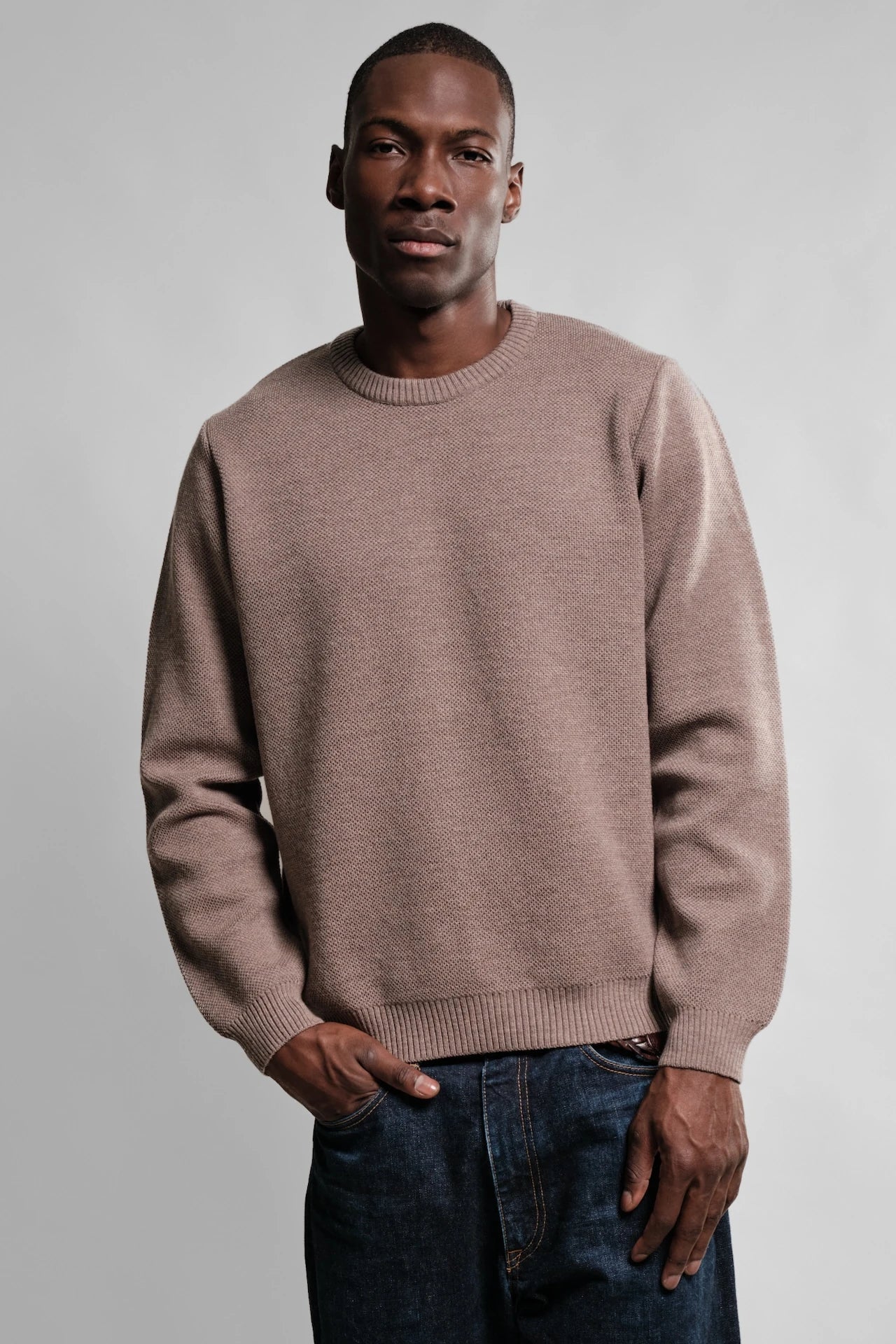 PULL COL ROND TAUPE YOURI LAINE MERINOS 2 Nitto Knitwear - Pull Col Rond Youri - Taupe – XXL