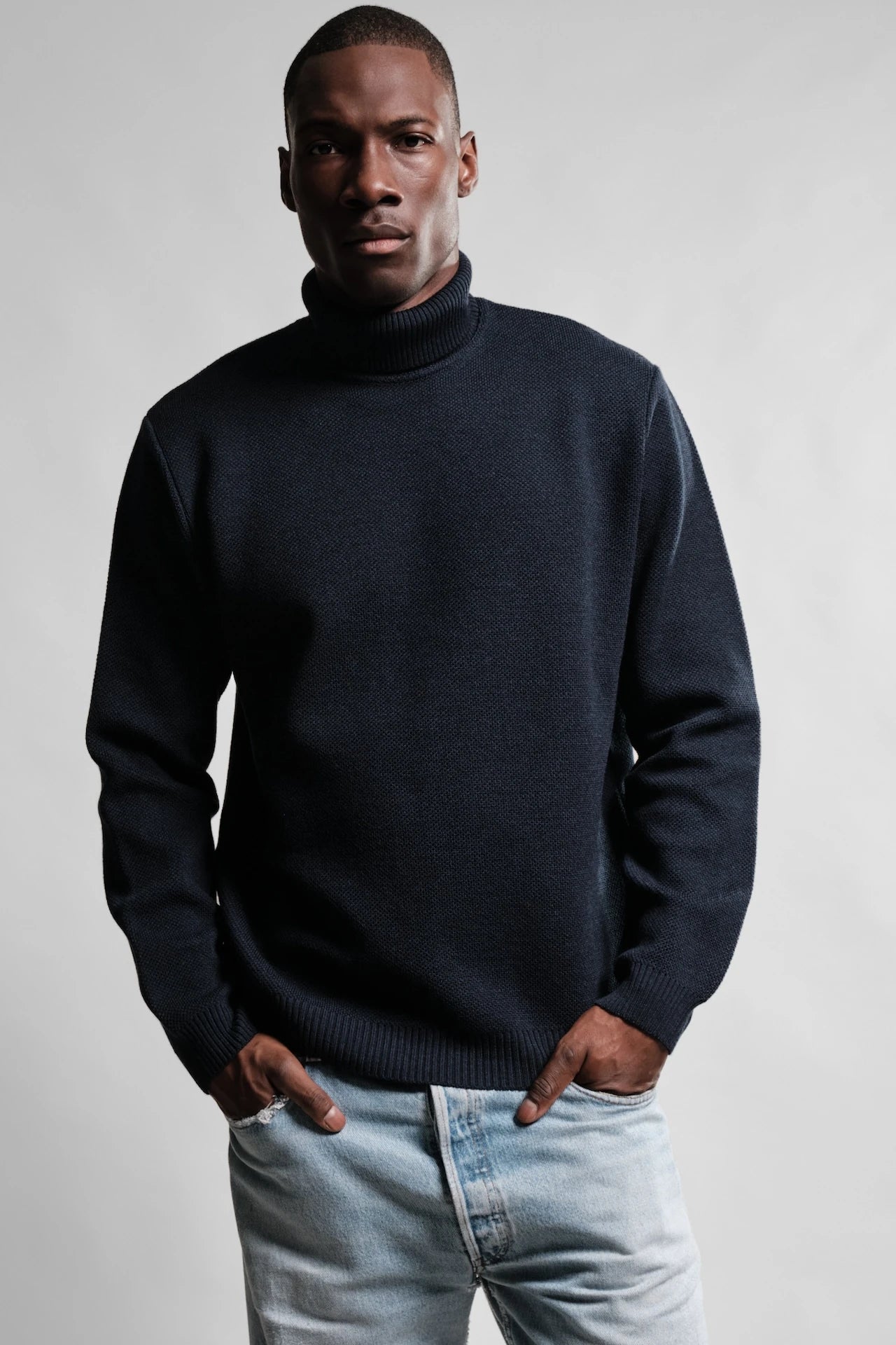 PULL COL ROULE MARINE YOURI LAINE MERINOS 2 Nitto Knitwear - Pull Col Roulé Youri - Marine – XXL