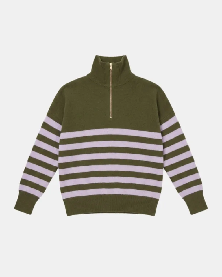 PULL ZIPPE TSOLINE ARMY FRENCH LILAC FRONT Tricots Jean Marc - Pull Col Zippé Tsoliné - Army / French Lilac – L