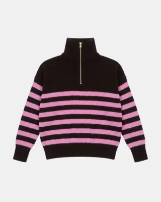 Pull Col Zippé Tsoliné – Marron Ebony / Rose Fondant par la marque Tricots Jean Marc Tricots Jean Marc - Pull Col Zippé Tsoliné – Marron Ebony / Rose Fondant