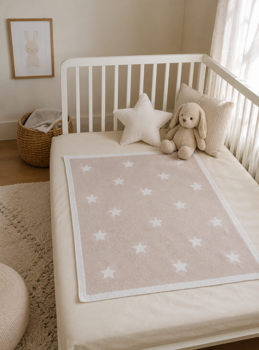 Plaid etoiles beige pastel 1 Maison-solfin - Plaid bébé étoiles 100% laine beige pastel – 125/70