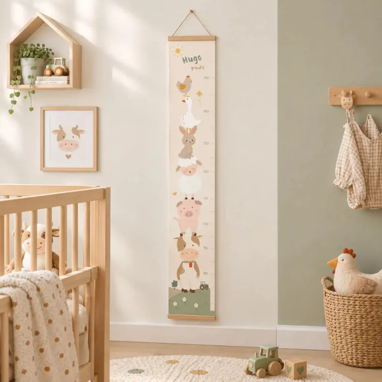 Toise tissu animaux de la ferme Atelier Baby’Sphère - Toise bébé personnalisée douce et tendance des animaux de la ferme