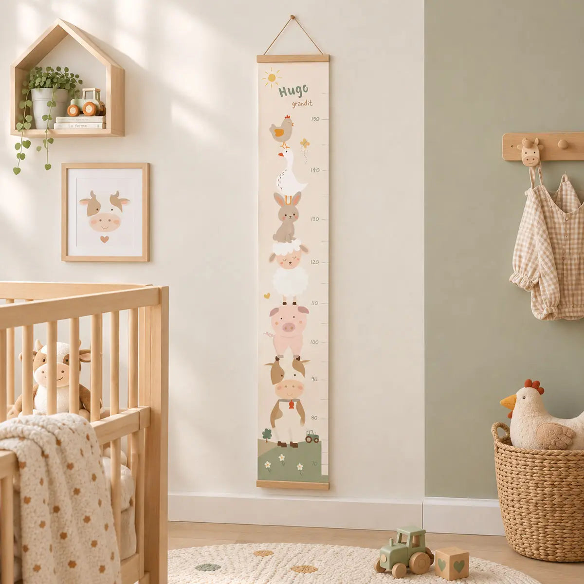 Toise tissu animaux de la ferme Atelier Baby’Sphère - Toise bébé personnalisée douce et tendance des animaux de la ferme