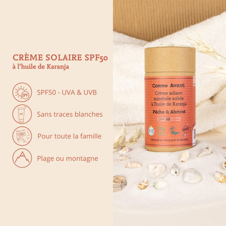 Comme Avant - Crème solaire SPF50 minérale solide à l'huile de karanja - Version 3 – 1 crème solaire - 80g / Pêche & Abricot