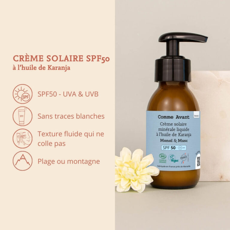 Comme Avant - Crème solaire SPF50 minérale liquide à l'huile de karanja - Version 2 – 1 crème solaire - 90ml / Monoï & Musc