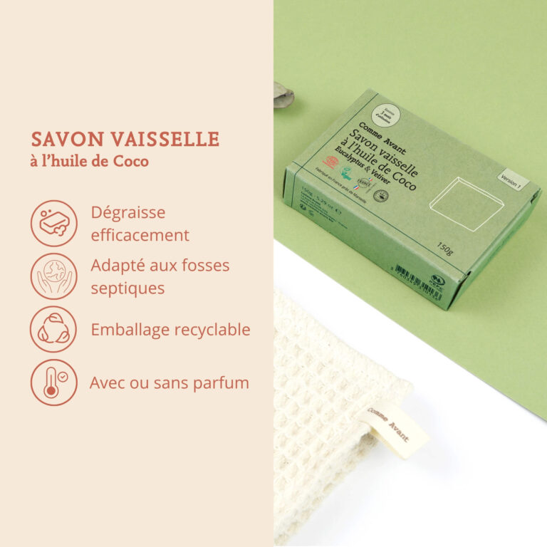 Comme Avant - Savon vaisselle solide à l'huile de Coco - Version 1 – 1 savon - 150g / Eucalyptus & Vetiver