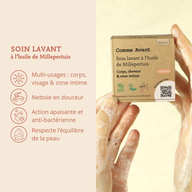 Comme Avant - Soin lavant hygiène intime solide à l’huile de Millepertuis - Version 2 – 1 soin lavant intime - 50g