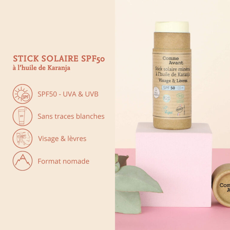 Comme Avant - Stick solaire SPF50 minéral solide à l'huile de karanja - Version 3 – 1 stick solaire - 25g