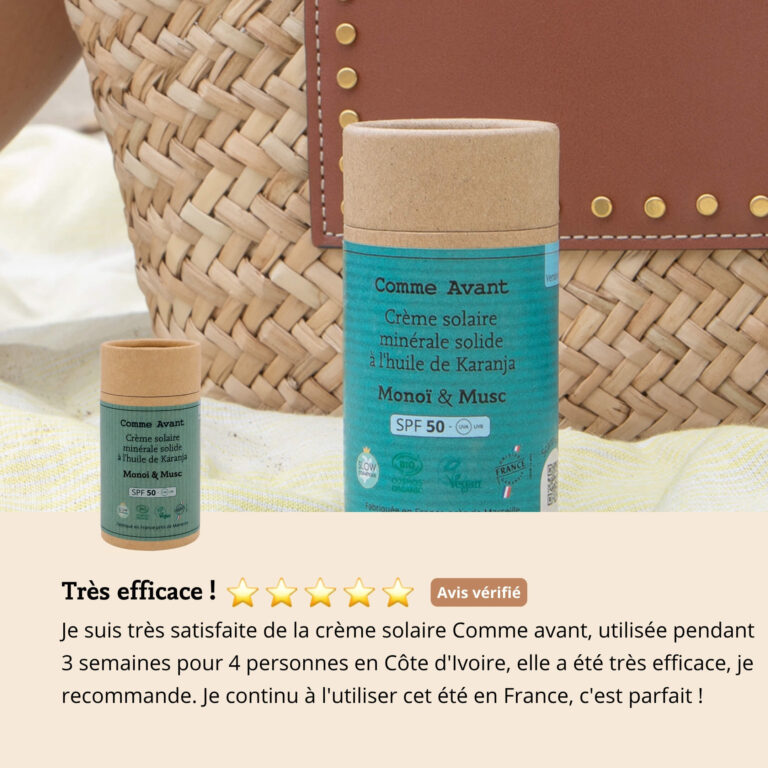 Comme Avant - Crème solaire SPF50 minérale solide à l'huile de karanja - Version 3 – 1 crème solaire - 80g / Pêche & Abricot