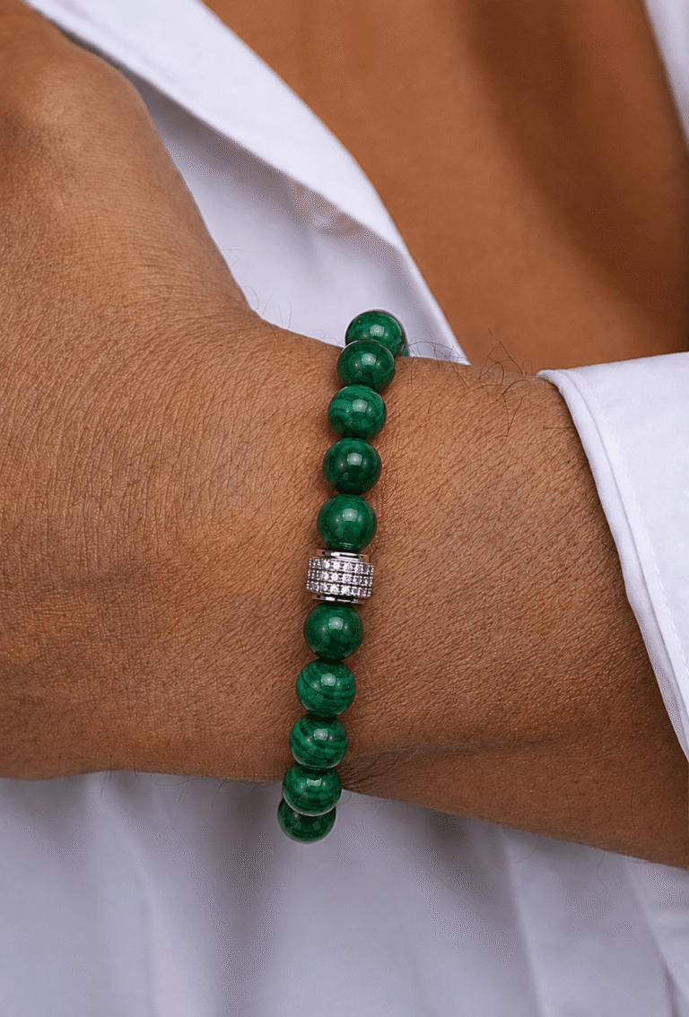 NEIJE - Coffret Duo de Bracelets Onyx & Malachite - Or Blanc – XL (poignet de 19 à 21 cm)