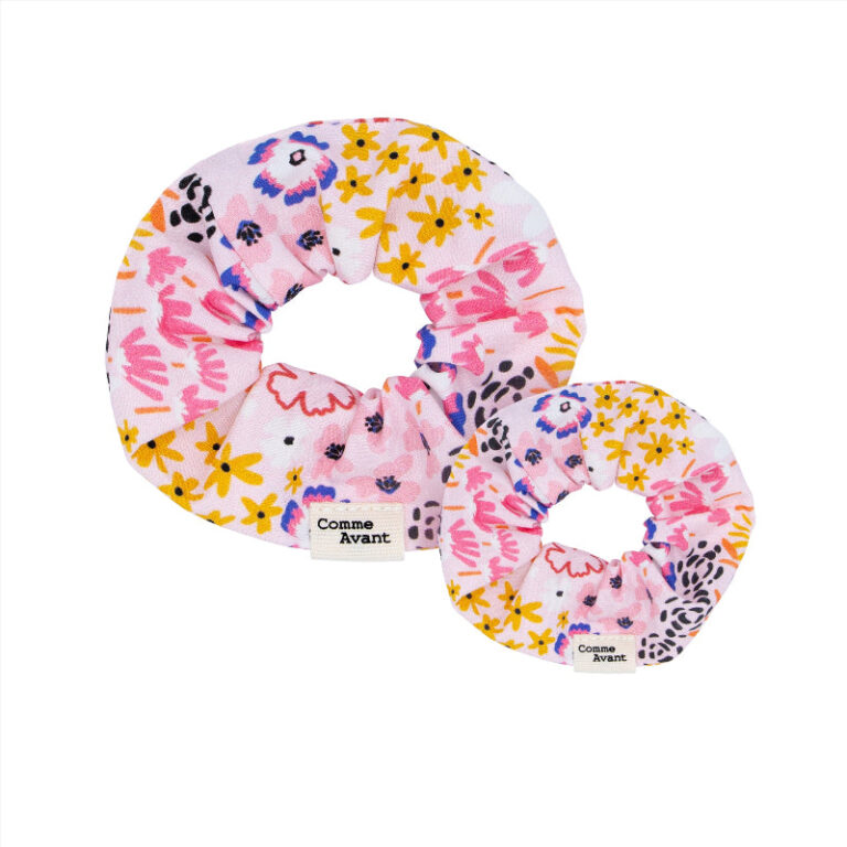 Comme Avant - Chouchou cheveux en coton - Version 1 – Lot Grand + Petit format / Fleurs bleues
