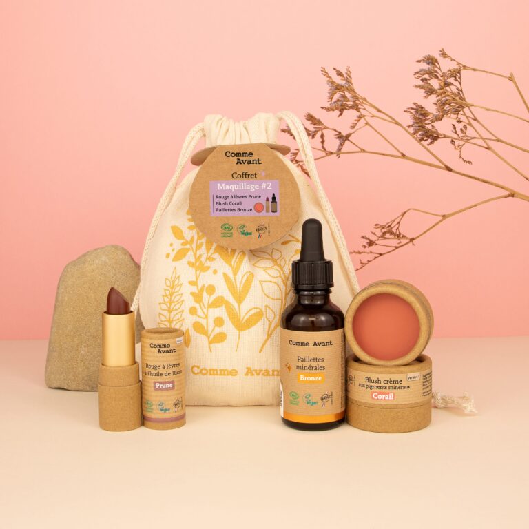 Comme Avant - Coffret maquillage – #2 - Blush Corail - Rouge à lèvres Prune - Paillettes Bronze